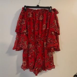 American Eagle Medium Red Floral Off The Shoulder Romper